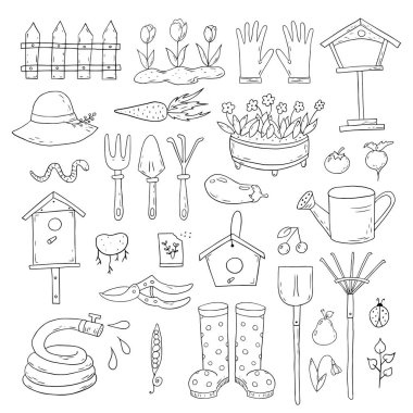 Çizgi film Bahçe öğeleri beyaz arka plan belirleme. 