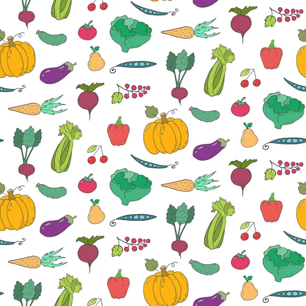 Nahtloses Muster mit Cartoon-Obst und Gemüse. — Stockvektor