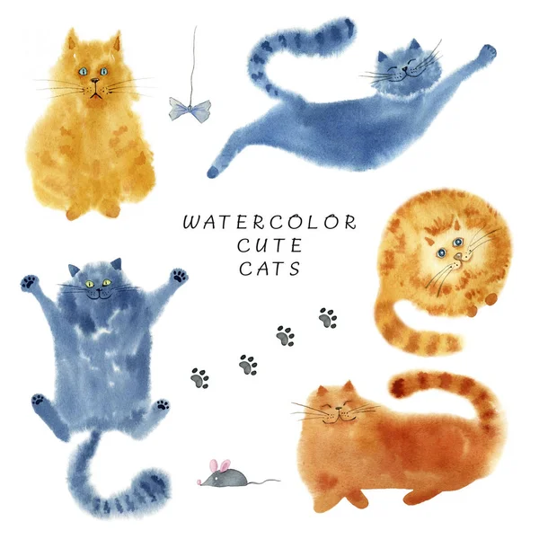 Beyaz arka plan üzerinde sevimli kediler kümesi. 