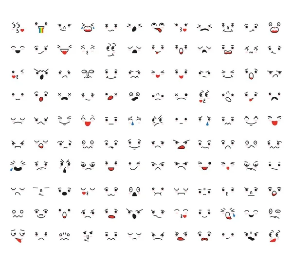 Набор Мультяшных Лиц Кавайи Разные Эмоции Векторная Иллюстрация — стоковый вектор