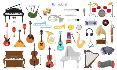Beyaz arka plan üzerinde müzik aletleri seti. 