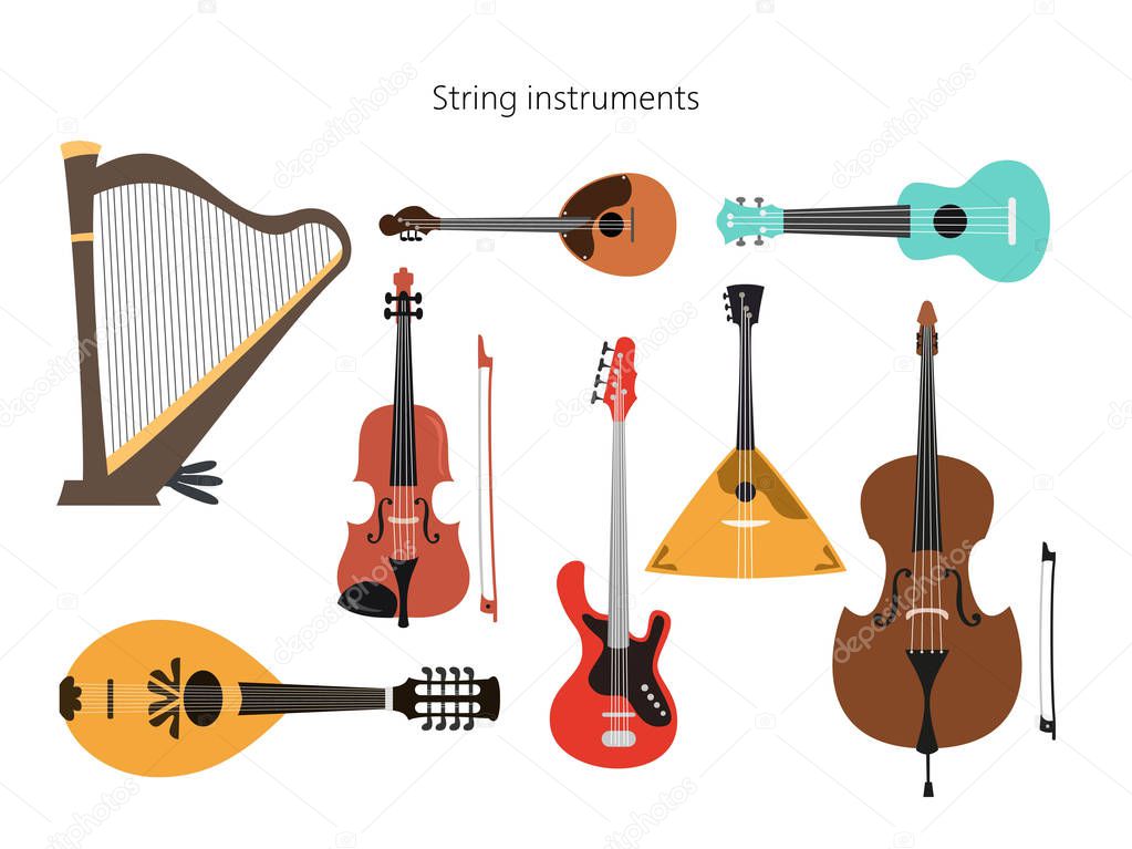 Set of stringed instruments on the white background.