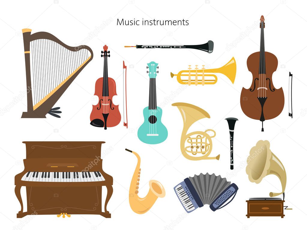 Set of musical instruments on the white background. 
