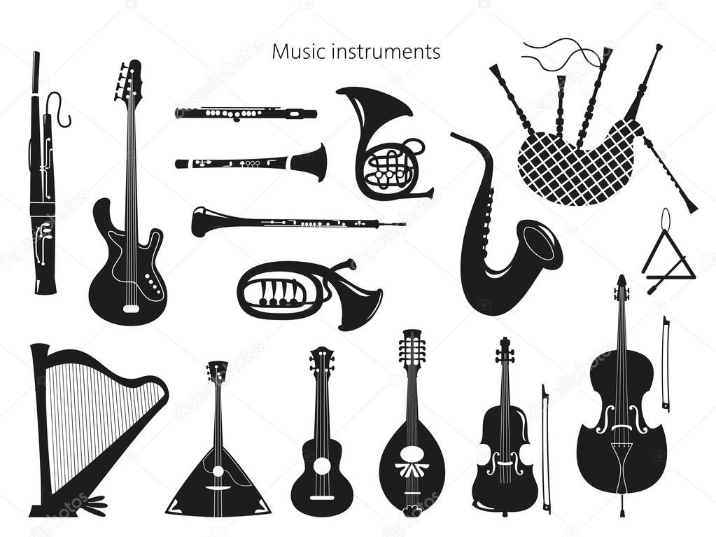 Set of musical instruments on the white background. 