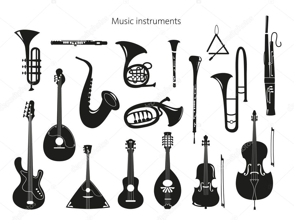 Set of musical instruments on the white background.