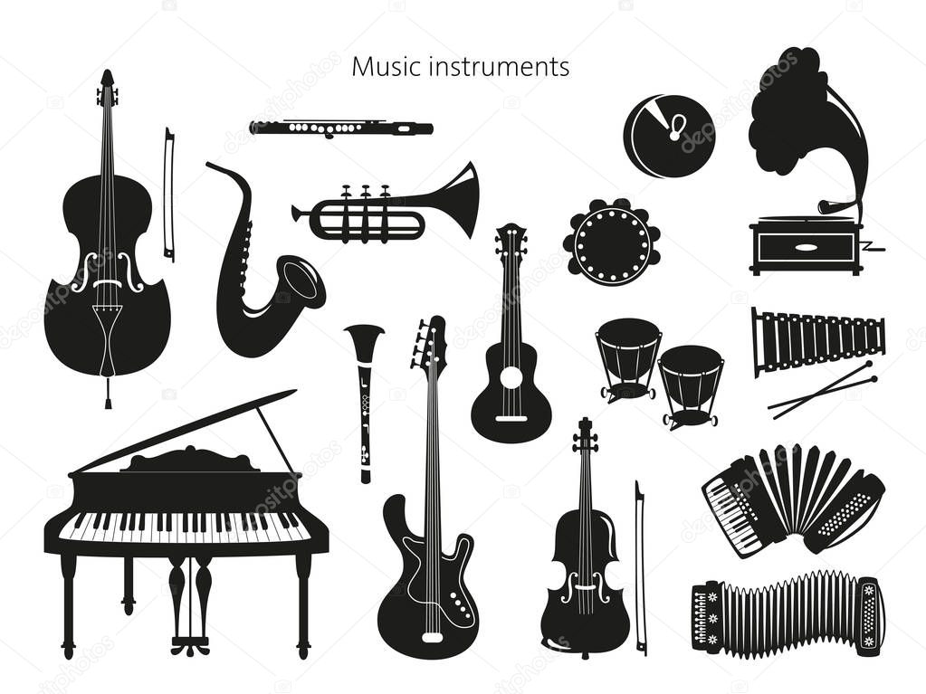 Set of musical instruments on the white background. Vector illustration.