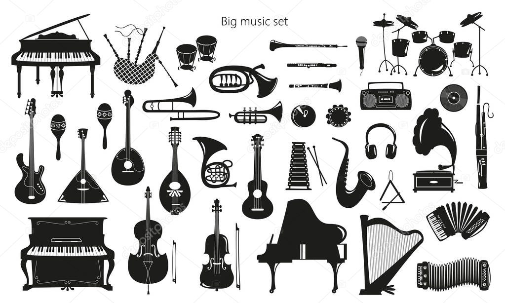 Set of musical instruments on the white background. 