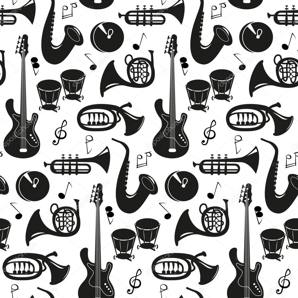Seamless pattern with musical instruments on the white background. Vector illustration.