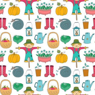 Çizgi film Bahçe öğeleri ile Seamless Modeli. 