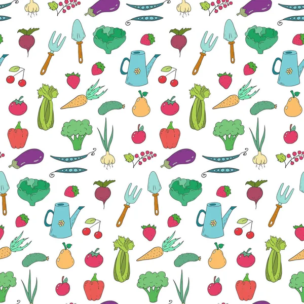 Seamless mönster med tecknad frukter och grönsaker. — Stock vektor