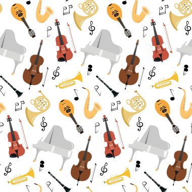 Beyaz backgroun üzerinde müzik aletleri ile Dikişsiz desen