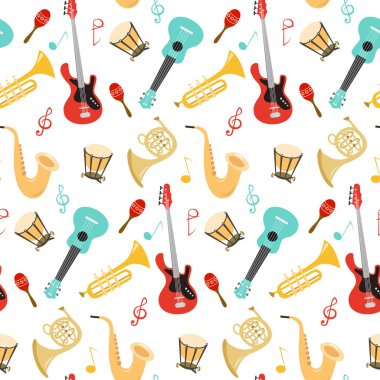 Beyaz backgroun üzerinde müzik aletleri ile Dikişsiz desen