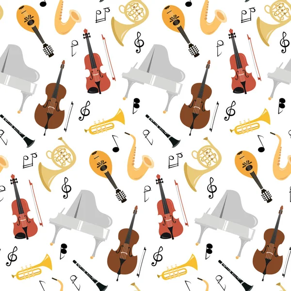 白いバックグローンに楽器を持つシームレスなパターン — ストックベクタ