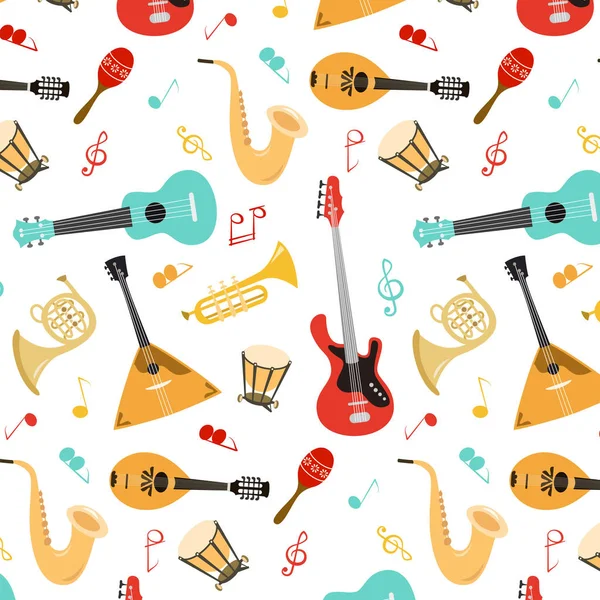 Seamless pattern with musical instruments on the white backgroun — Stock Vector