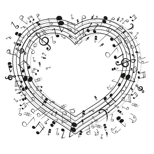 Forma de un corazón con notas musicales . — Vector de stock