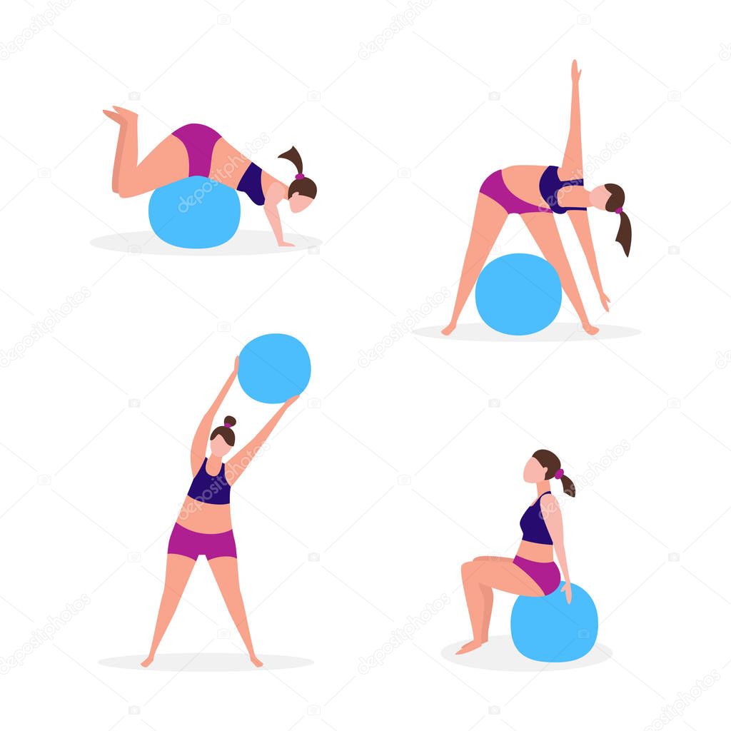 Set of young women with gymnastic balls. Healthy lifestyle conce