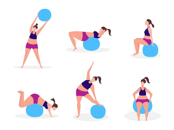 Set of young women with gymnastic balls. — Stock Vector