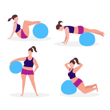 Jimnastik topları ile genç kadın seti. 