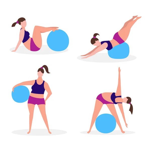 Set of young women with gymnastic balls.