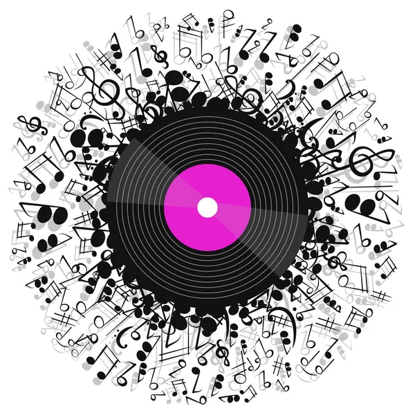 Музыкальный постер с виниловой пластинкой и нотами . — стоковый вектор