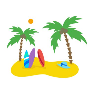 Palmiye ağaçları ve sörf tahtaları ile Yaz deniz manzarası.