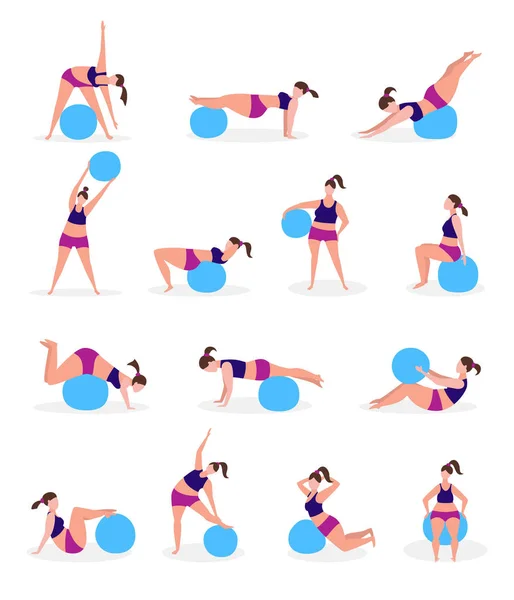 Set of young women with gymnastic balls. — Stock Vector