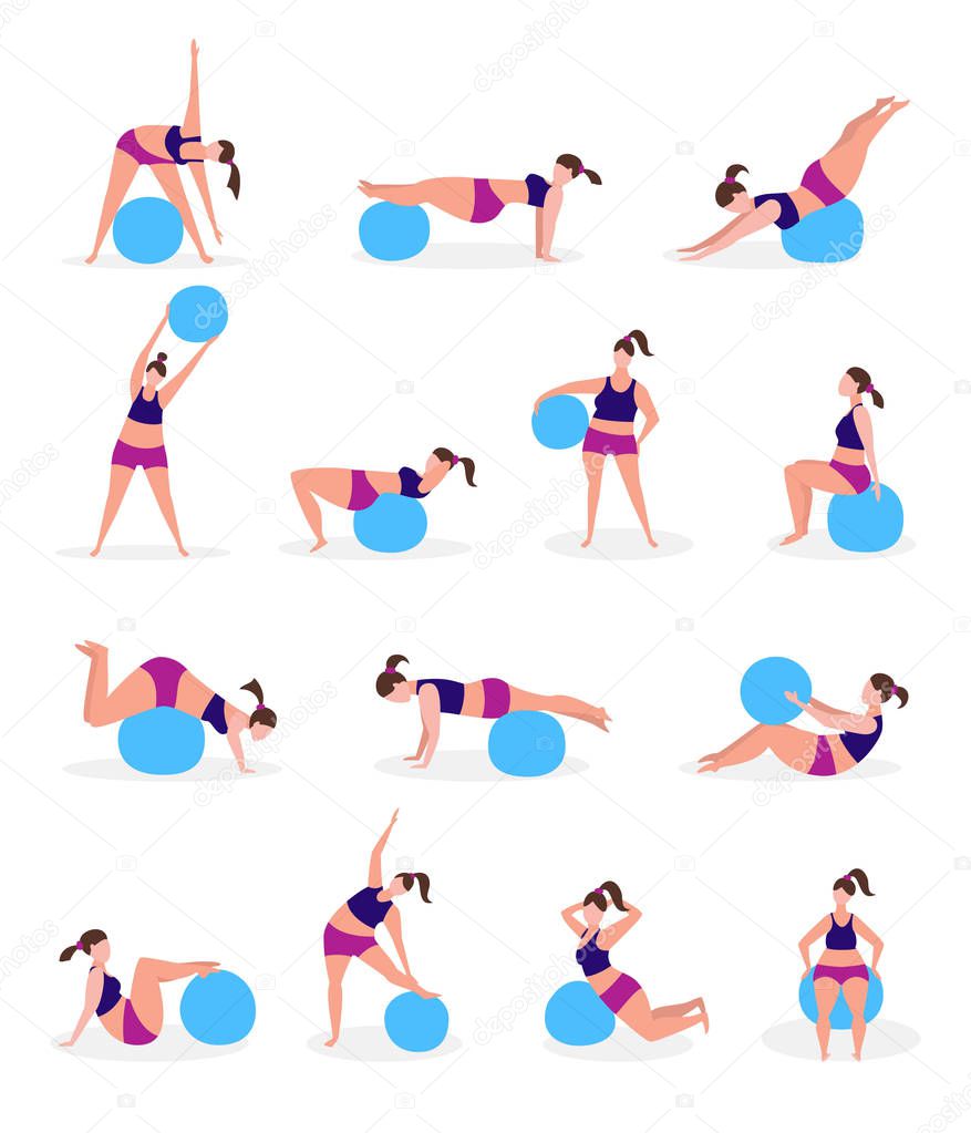 Set of young women with gymnastic balls. 