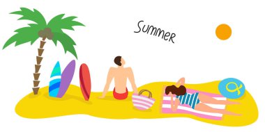 Palmiye ağacı ve insanlar ile Yaz deniz manzarası.