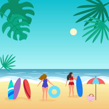 Palmiye ağacı ve insanlar ile Yaz deniz manzarası. 