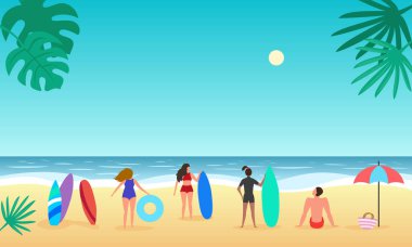 Palmiye ağacı ve insanlar ile Yaz deniz manzarası. 