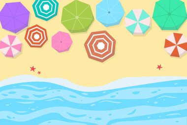 Renkli şemsiyeler ile Yaz deniz manzarası. 