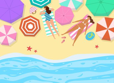 Şemsiye ve insanlar ile Yaz deniz manzarası. 