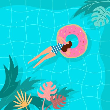 Havuzda tropikal bitkiler ve kadın ile Yaz manzara.