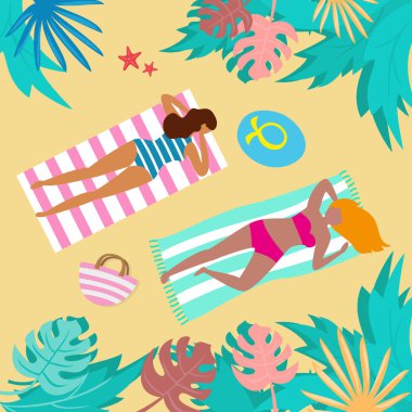 Tropikal bitkiler ve turistler ile Yaz manzara. 