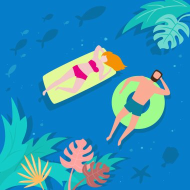 Tropikal bitkiler ve turistler ile Yaz manzara.