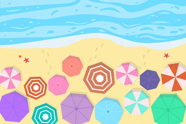 Paisaje marino de verano con sombrillas de colores . — Vector de stock