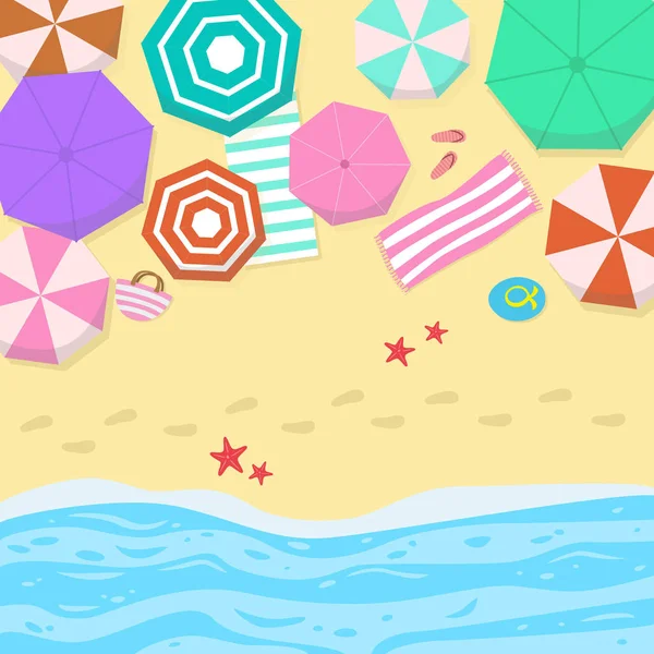 Paisaje marino de verano con sombrillas de colores . — Vector de stock