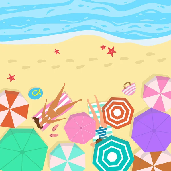 Paisaje marino de verano con sombrillas y gente . — Vector de stock