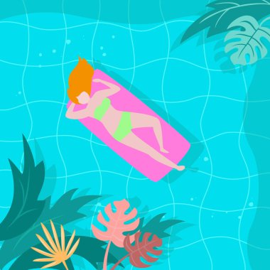 Havuzda tropikal bitkiler ve kız ile Yaz manzara.