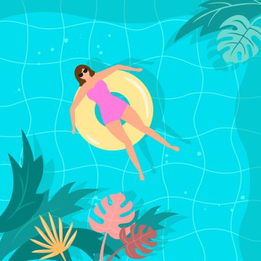 Havuzda tropikal bitkiler ve kadın ile Yaz manzara.