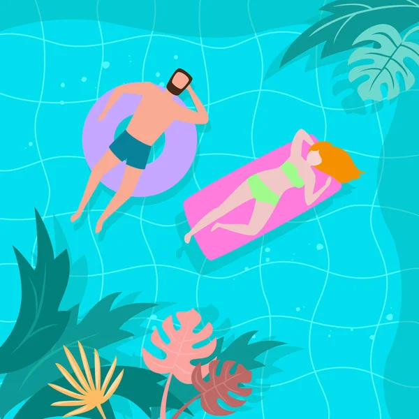 Paisagem de verão com plantas tropicais e turistas na piscina . —  Vetores de Stock