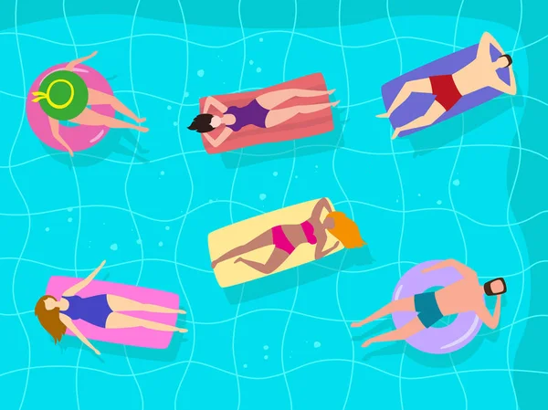 Paisaje de verano con turistas felices en la piscina . — Vector de stock