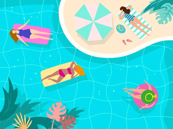 Paisaje de verano con plantas tropicales y turistas felices en el — Vector de stock