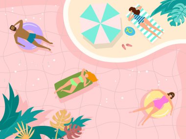 Havuzda mutlu turistler ile Yaz manzara. 