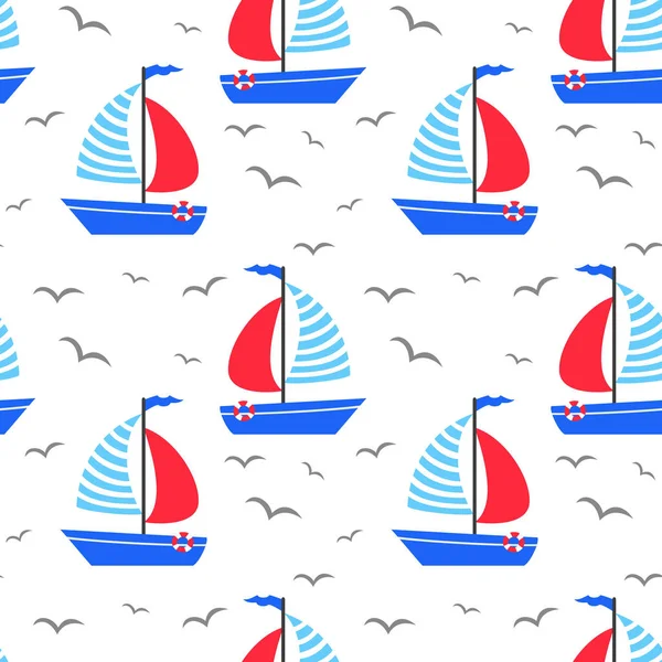 Nahtloses Muster mit Cartoon-Segelbooten. — Stockvektor