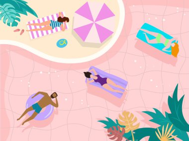 Havuzda mutlu turistler ile Yaz manzara. 