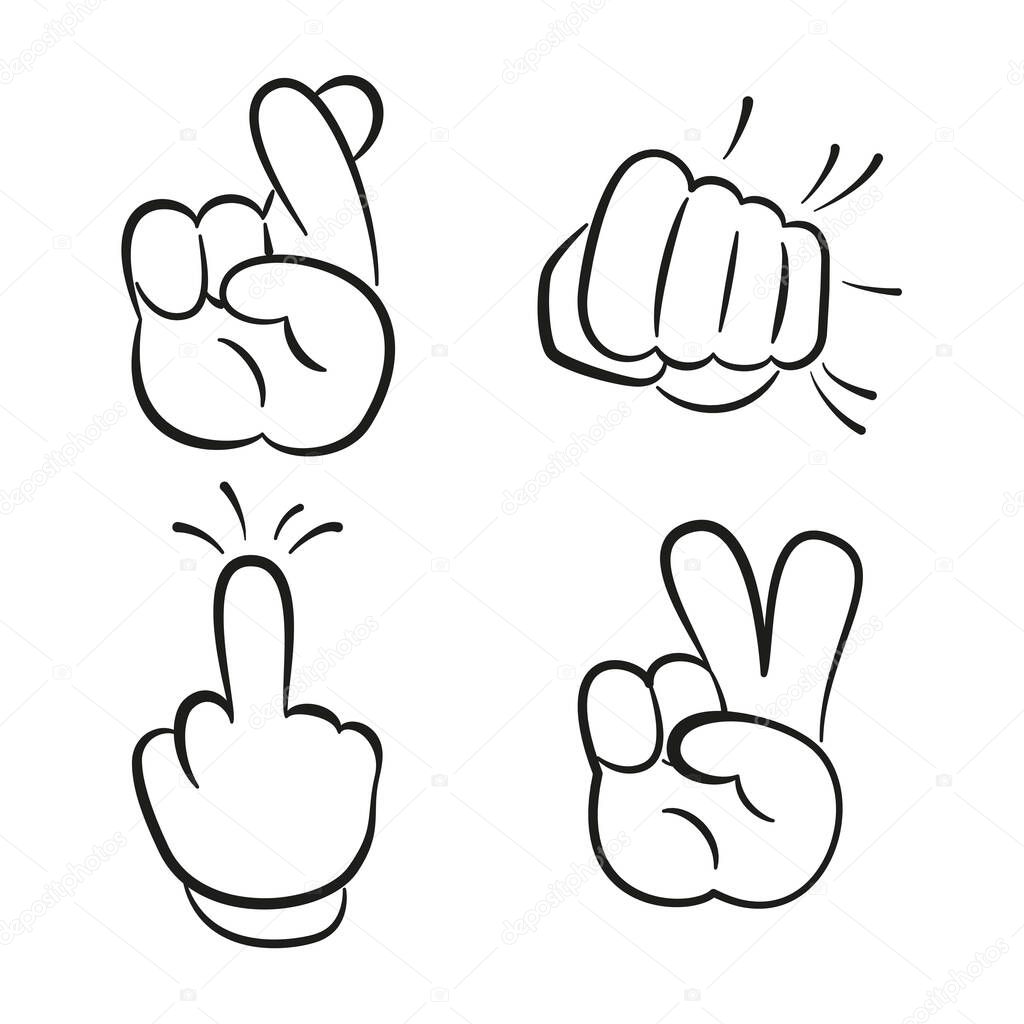 Various gestures of cartoon human hands. Vector illustration.