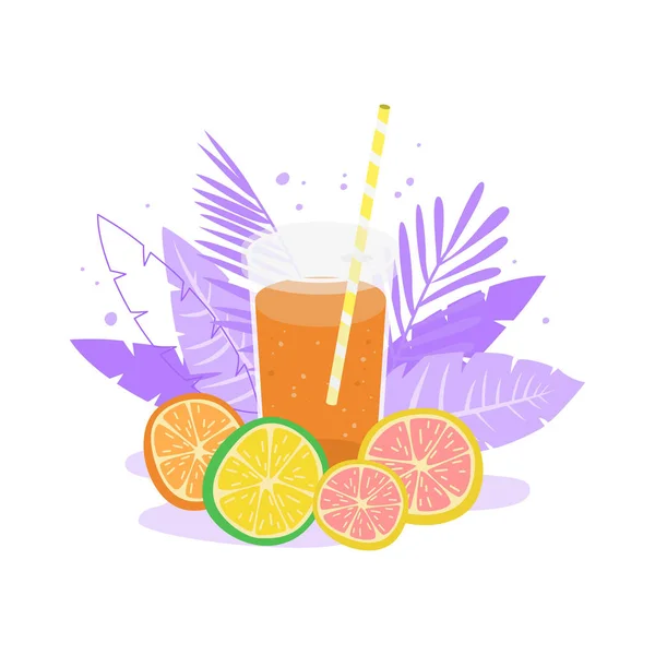 Zumo Naranja Vaso Sobre Fondo Tropical Ilustración Vectorial — Vector de stock