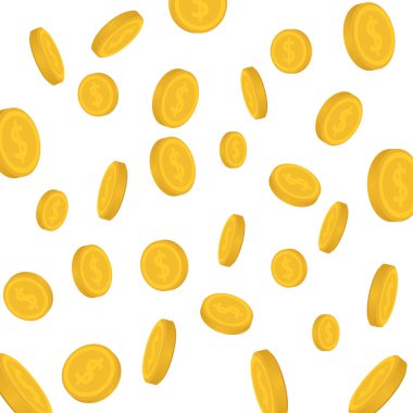 Beyaz arka plana bir sürü para dökülüyor. İş konsepti. Vektör illüstrasyonu.