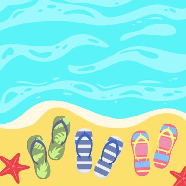 Deniz kenarındaki kumsalda tahtası olan yaz arkaplanı. Vektör illüstrasyonu.